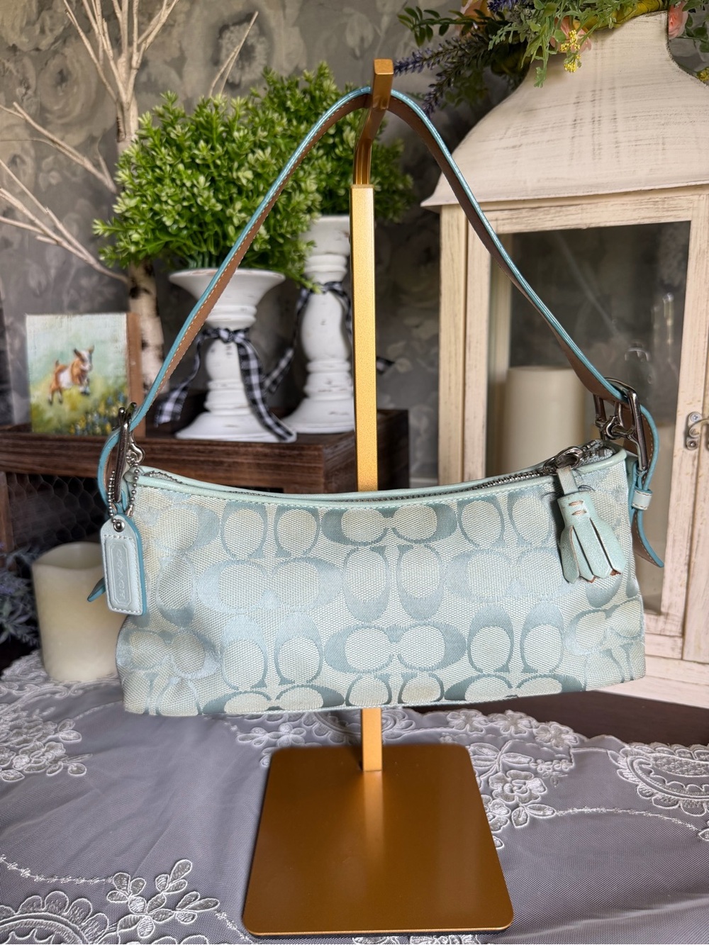 Y2K 2004 Coach Aqua Signature Jacquard Canvas Demi Shoulder Bag Purse